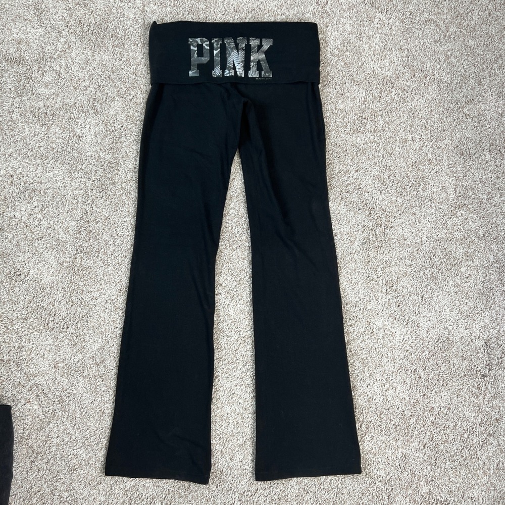 VTG Y2K Victorias Secret PINK Foldover Yoga Pants M Logo Animal Low Rise Flare